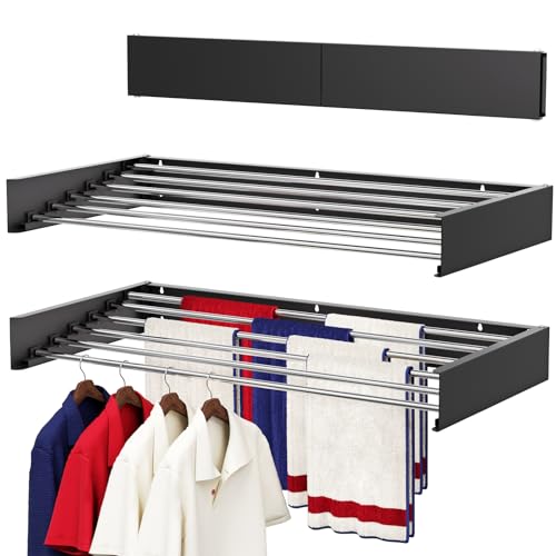 Wall Mounted Drying Rack 40", Foldable Laundry Drying Rack with Stainless Steel Rods, Retractable Laundry Space Saver for Indoor & Outdoor Use, Include Wall Template - color: Black, size: 40" Wide