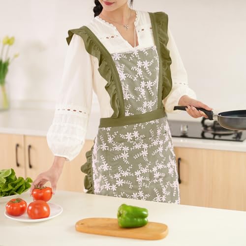 Pinknoke Vintage Pinafore Aprons for Women with Pockets for Kitchen - color: Army Green