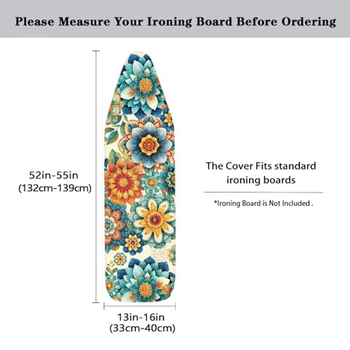 Boho Dahlia Ironing Board Cover Extra Wide Table Top Ironing Board Cover Western Flowers Home Decor Heavy Duty Padded Iron Board Covers with Elastic Edge - color: Boho Dahlia