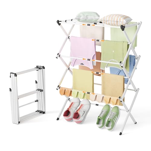 Foldable Clothes Drying Rack - 3-Tier Laundry Drying Rack, Collapsible Metal Indoor Airer, Portable X-Type Clothing Dryer with Shoe Hanger for Home & Balcony (No Assembly Required) - color: White, size: 3 Tier