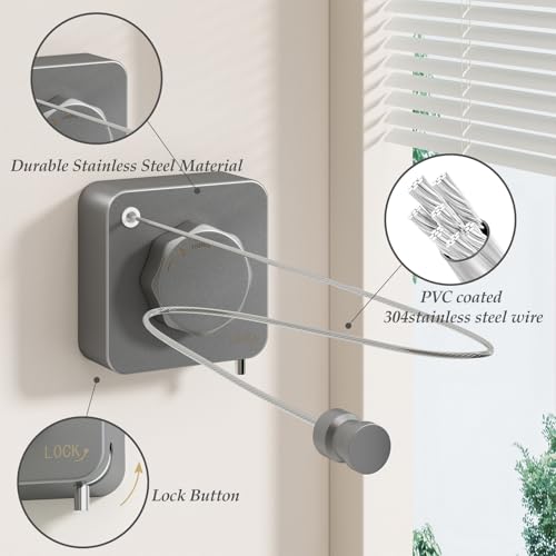 Danpoo Stainless Steel Retractable Clothesline Heavy Duty - 13.7ft Adjustable Tension Non-Drop Clothes Line, Rustproof Metal Wall Mounted Laundry Line(Gray) - color: Gray