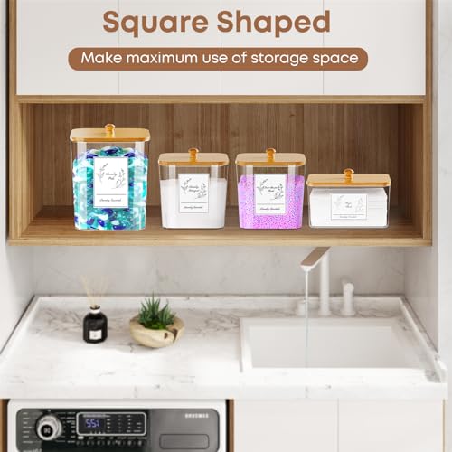 COAZEX 4 Pack Clear Laundry Pods Container & Dryer Sheet Holder,Bamboo Lids - color: Bamboo-Square-White Labels