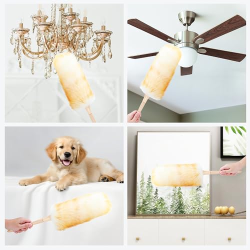 ONESIMUS 2 Pack Lambswool Dusters Fluffy Handheld Natural Feather Duster, 11 inch Washable Reusable Wool Dusters with Solid Wooden Handle for Cleaning Ceiling Fan, Interior, & Car etc - size: 2 Count (11inch)