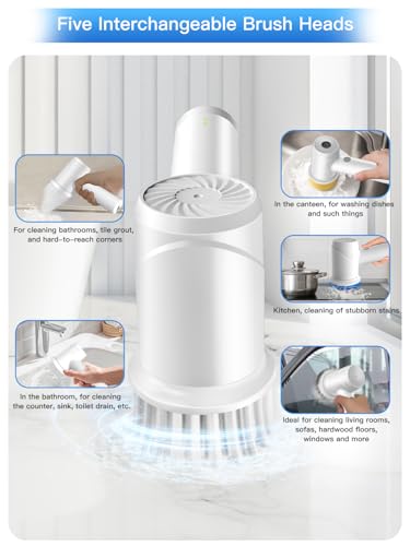 Electric Spin Scrubber - Cordless IPX7 Waterproof Shower Scrubber with 2 Speed Settings and 6 Replaceable Heads，Electric Cleaning Brush for Bathroom，Kitchen and Windows