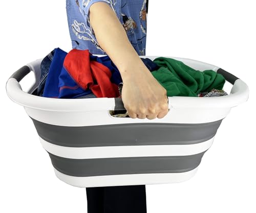 SAMMART 40L (10.5 gallon) Plastic Foldable Laundry Basket/Tub - Collapsible, Space Saving and Portable Laundry Hamper, Ideal for Home, Travel, Dorm, and Camping (1, White/Steel Gray) - color: White/Steel Gray