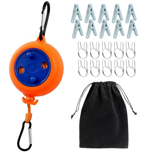 Portable Travel Clothesline is 32Ft Retractable Camping Clothesline for Outdoor Camping Laundry line with 10 Windproof Buckles, 10 Clothespins，1 Organizer Bag - color: Orange