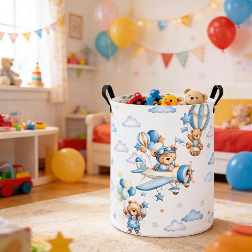 Foldable Waterproof Round Fabric Laundry Basket Home, Blue Pilot Bear - color: Round-Blue Pilot Bear