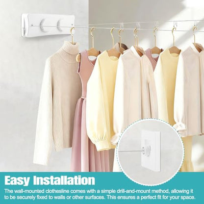 16.7 Ft Retractable Clothesline Indoor & 20Pcs Clothespins, Non-Sagging Wall Mounted Wire Double Clothes Lines, Retracting Outdoor Heavy Duty Clothes Line, for Balcony, Courtyards