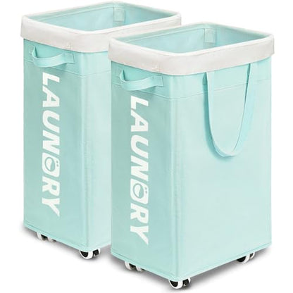 Goodpick 2-Pack Rolling Laundry Basket with Removable Wash Bag, 75L - color: Blue 2-Pack