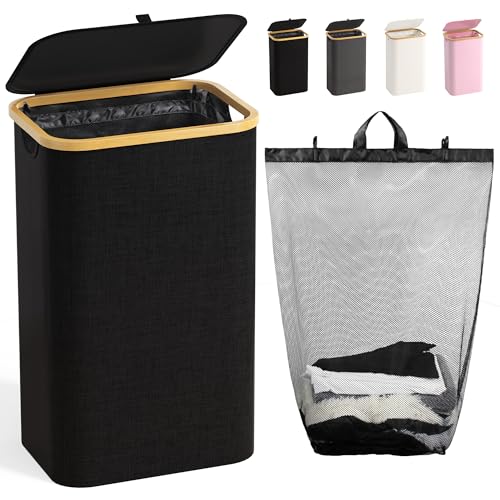 Bathola Laundry Hamper with Lid, Laundry Basket with Removable Bag, Black - color: Black, size: 100L