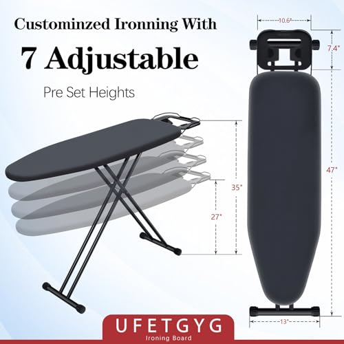 UFETGYG Ironing Board, Metal Panel Iron Board |43" X 13" W/with Iron Rest | Full Metal Construction| Height Adjustable | Heat & Scorch Resistant Fabric | Anti-Skid Feet | Heavy Duty| Easy to Fold - color: Black