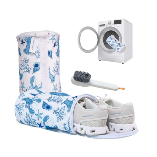Shoe Washing Machine Bags (2-Pack) – Laundry Bag for Sneakers, Protect Shoes & Washer, Durable Thick Chenille, Reinforced Zipper, Includes Sneaker Brush – Bluehome - color: Sea Print in blue tones