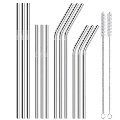12 Pack of Reusable Stainless Steel Metal Straws, 3 Straight + 3 Bent 10.5 Inch and 3 Straight + 3 Bent 8.5 Inch Metal Straws with 2 Cleaning Brushes for 20 24 30 oz Tumbler Dishwasher Safef