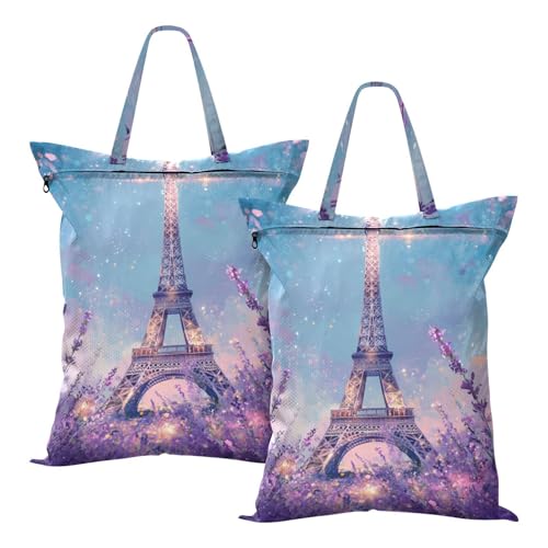 Travel Laundry Bags 2 PC Wet Dry Bag with Handle Dirty Clothes Organizer for Swimsuits Beach Camping Waterproof Washable Lavender Eiffel Tower Purple - color: Lavender Eiffel Tower Purple