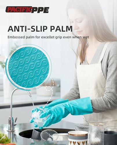 PACIFIC PPE 4 Pairs Dishwashing Gloves, Cotton Flocked Liner, Green, Large - color: Green, size: Large (Pack of 4)