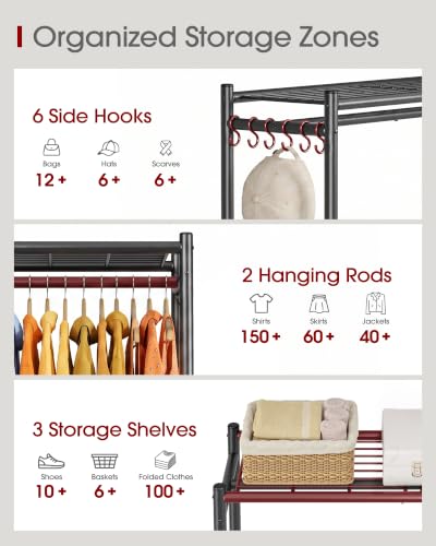 Sakugi Clothes Rack - 33.0" x 12.2" x 79.5" Clothing Rack with Shelves & Wheels, Multi-Functional Wardrobe Closet with Hooks, Sturdy Metal Garment Rack for Bedroom, Laundry, Balcony (Black) - color: Black, size: Large