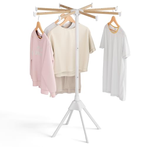 Wood Clothes Drying Rack, Foldable Collapsible Laundry Rack with 8 Adjustable Rods, Stable Space Saving Garment Organizer for Indoor Outdoor, Laundry Room, Bedroom, Bathroom, Balcony, RV, Camping