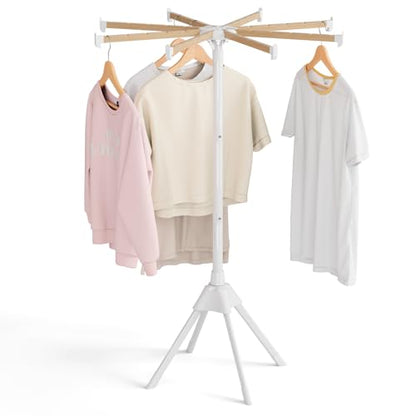 Wood Clothes Drying Rack, Foldable Collapsible Laundry Rack with 8 Adjustable Rods, Stable Space Saving Garment Organizer for Indoor Outdoor, Laundry Room, Bedroom, Bathroom, Balcony, RV, Camping
