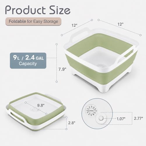Collapsible Dish Basin with Drain Plug, Foldable Wash Basin 2.4 Gal (9L) - color: Green