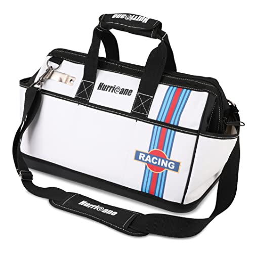 HURRICANE 16 inch Wide Mouth Tool Bag with Water Proof Molded Base with Extra Shoulder Strap, Upgrade Version, Racing theme-White, Multi Pockets, Large Inner Space - color: Racing theme-WHITE