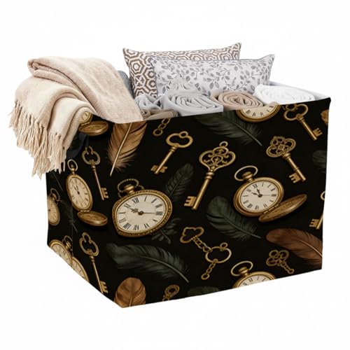 Pocket Watch Laundry Hamper 56L Large Laundry Basket with Handles, Foldable Clothes Hamper for Bedroom Bathroom, Decorative Toy Storage Bin, Home Decor Organizer for Blankets, Towels & Toys. - color: Pocket Watch