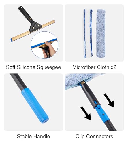 Swivel Squeegee Kit with 4 Extension Poles,Glass Scraper, Bendable Duster, 2 Window Scrubber Cloth for Glass, Car, Floor, Home,Garden - color: Black