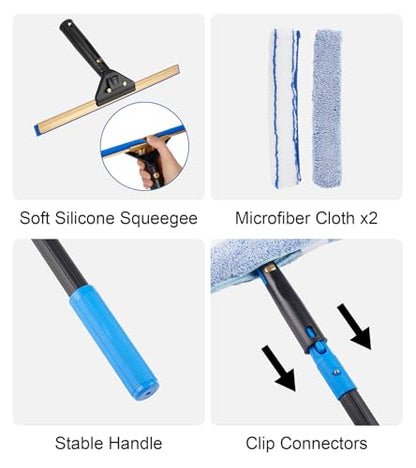 Swivel Squeegee Kit with 4 Extension Poles,Glass Scraper, Bendable Duster, 2 Window Scrubber Cloth for Glass, Car, Floor, Home,Garden - color: Black