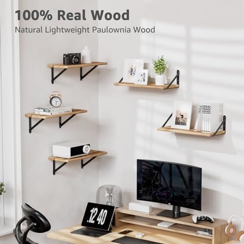 COCOYA Wall Shelves 7.3" Deep Solid Paulownia Wood (Light Brown, Set of 3) - color: Carbonized Black, Set of 3