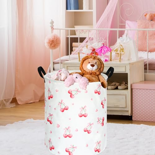 Cherry Print Round Laundry Hamper Storage Basket Bins Clothes Nursery Hamper for Home, Gift Storage Bins with Handles - color: Cherry