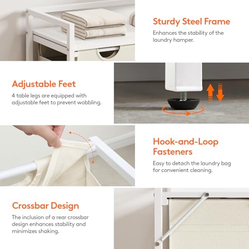 Lifewit Laundry Hamper 4 Section, 168L Pull out Laundry Clothes Basket Organizer with Large Top Shelf and 4 Removable Bags and Handles for Laundry Room Bedroom Bathroom, White with A Shelf