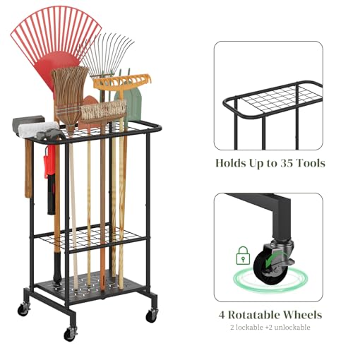 Rolling Garden Tool Organizer, Heavy Duty Steel Yard Tool Rack broom holder - style: Rack with Wheels