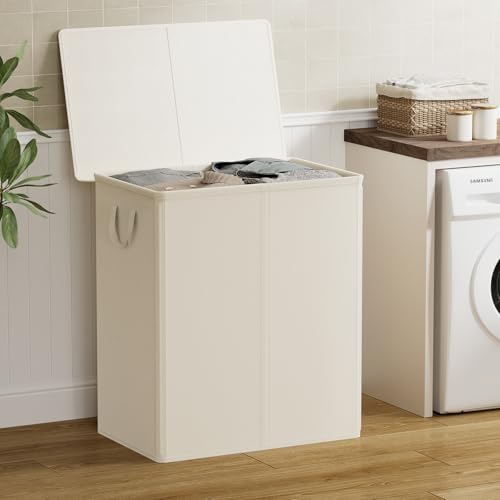 Chrislley Double Laundry Hamper with Lid, 160L Laundry Basket 2 Section - color: Beige, size: 160L(25.0"L x 14.2"W x 27.2"H)