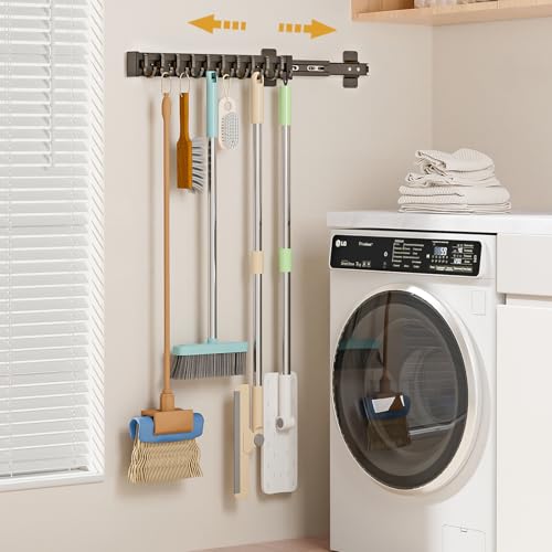 Pull Out Broom Holder With 10 Adjustable Row Sliding Hook - Black 18.11inch - color: Black, size: 46cm/18.11inch