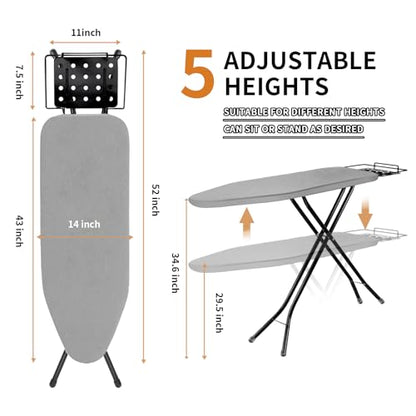 Ironing Board, 43x14 Inch Iron Board with Steam Rest, Heavy Duty Metal Frame Legs Ironing Table with Heat Resistant Cover Mat, Foldable Full Size Hanger Ironing Stand (Grey, 52" L x 14" W x 34.6" H) - color: Gray
