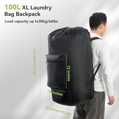 OTraki Large Laundry Backpack 100L Heavy Duty Travel Laundry Bags Hamper Bag with Adjustable Shoulder Straps Pocket Drawstring Closure Drying Do Not Exceed 176℉ - size: 16 x 32 Inch B