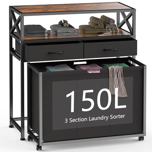 150L Laundry Sorter Hamper 3 Section with 2 Shelves & 2 Drawers - color: Black, size: 150L