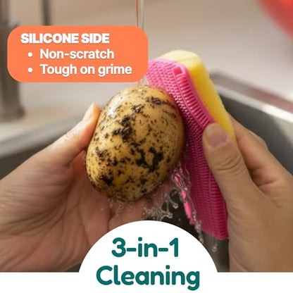 3-in-1 Silicone Scrubber Sponge with Squeegee – Non-Scratch Kitchen Sponge for Dishes, Sink & Bathroom, Quick-Dry, Reusable Cleaning Tool (Teal +Yellow) - color: Teal +Yellow