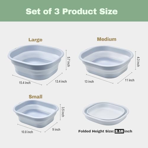Collapsible Wash Basin Set of 3, Foldable Large Medium Small Wash Basins, Portable Plastic Basins for Laundry, Bottles, Travel, Camping (Blue Gray) - color: Blue Gray