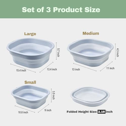 Collapsible Wash Basin Set of 3, Foldable Large Medium Small Wash Basins, Portable Plastic Basins for Laundry, Bottles, Travel, Camping (Blue Gray) - color: Blue Gray