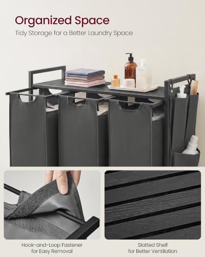 VASAGLE Laundry Hamper with Shelf, 3 Pull-Out Bags, 3 x 10.6 Gallons (40 L) - color: Slate Gray + Charcoal Gray, size: 3 Bags - 120 L