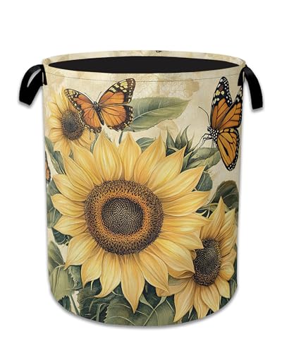 Vintage Sunflower Laundry Basket,Foldable Oxford Cloth Butterfly Laundry Hamper With Handle,Clothes Storage Basket for Laundry Room/Bedroom/Bathroom 20.8"x16" - color: Vintage Sunflowers Butterfly