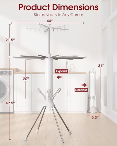 Sakugi Foldable Clothes Drying Rack, 12 Steel Arms, Silent Wheels, 71" H