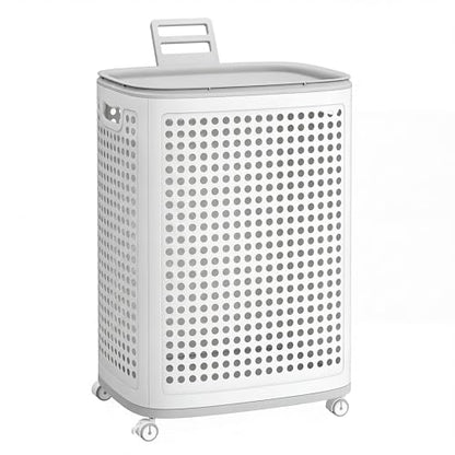 SONGMICS Laundry Hamper with Wheels, 75 L Laundry Basket with Lid - color: White + Gray, size: Lid and Wheels