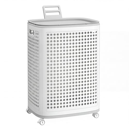 SONGMICS Laundry Hamper with Wheels, 75 L Laundry Basket with Lid - color: White + Gray, size: Lid and Wheels