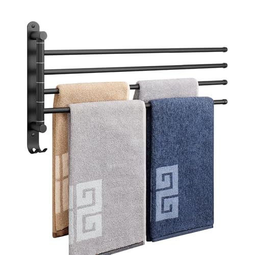 NearMoon Swivel Towel Rack, 19.5" Thicken 304 Stainless Steel 4-Arm Towel Bar, Space Saving Wall Mounted Towel Holder with Hook, Rustproof Swing Out Towel Hanger for Bathroom, Kitchen (Matte Black) - color: Matte Black, size: 19.5 Inch-Round