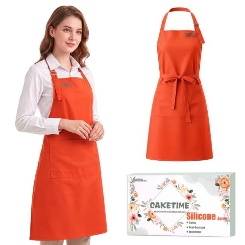CAKETIME Colorful Aprons Made by Silicone Coated Polyester Fabric Waterproof Oilproof for Women Cooking Funny Gifts - color: Orange