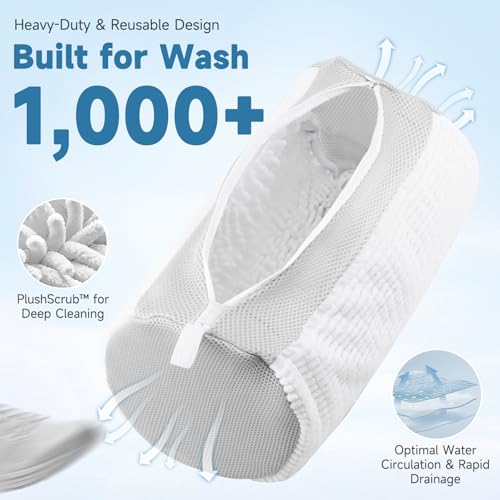 2PCS XXL Shoe Washing Machine Bag with Adjustable Shoes Trees - Heavy Duty Reusable Shoe Laundry Bag for Washer and Dryer - 360° Deep Clean & Protect Chenille Microfiber Sneakers Wash Bags - White - color: White