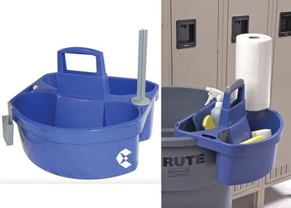 Blue Polypropylene Janitorial Cleaning Caddy with Paper Towel Holder, 15" L x 14" W x 14" H Fits Many Size Trash Garbage Bins, Includes Compartments For Clothes, Sponges, and Other Cleaning Supplies