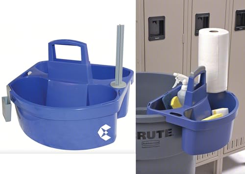 Blue Polypropylene Janitorial Cleaning Caddy with Paper Towel Holder, 15" L x 14" W x 14" H Fits Many Size Trash Garbage Bins, Includes Compartments For Clothes, Sponges, and Other Cleaning Supplies