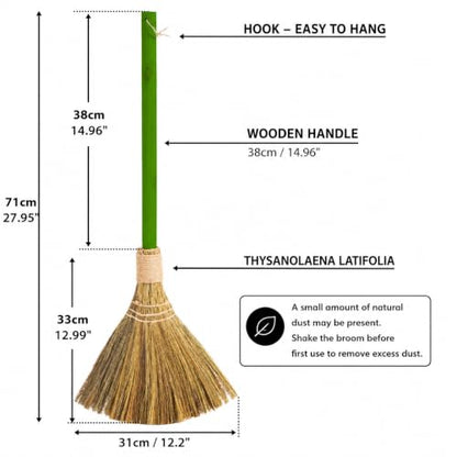 Vietnam Handmade Straw Whisk Broom with Green Wooden Handle - Soft Natural Grass Broom for Home, Kitchen, Bedroom & Garage, 12.2" Wide x 27.95" Long - style: Green